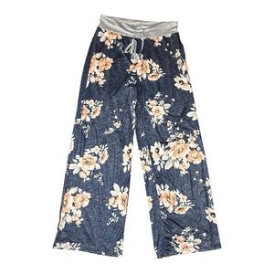 Floral Wide-Leg Pants with Gray Waistband